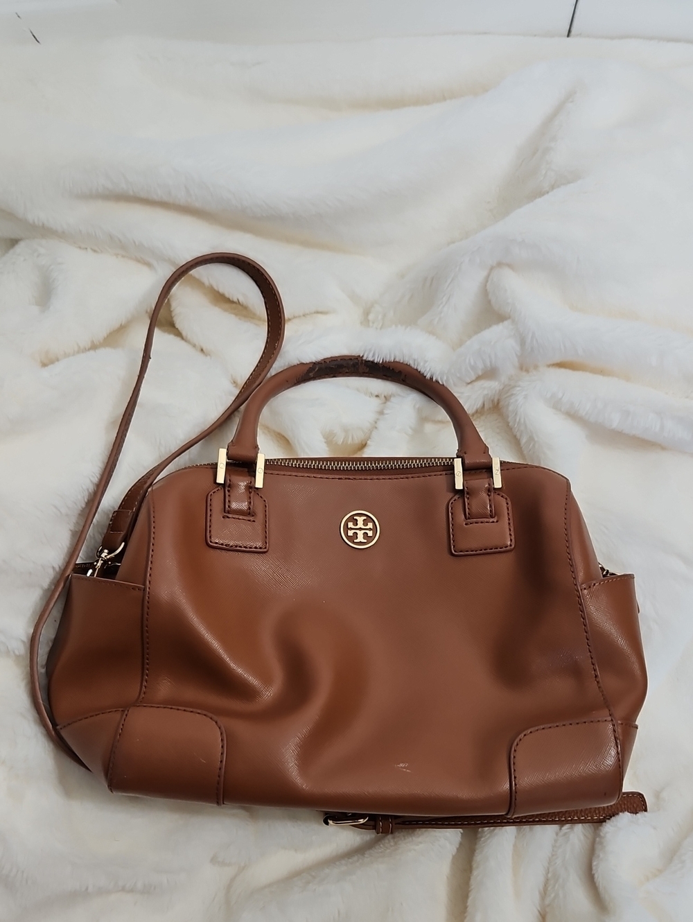 Tory Burch Robinson Brown Saffiano Leather Dome Satchel Crossbody